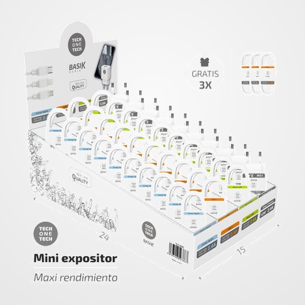 CABLES Y CARGADORES TECH-ONE-TECH BASIK SURTIDO EXPOSITOR DE 43