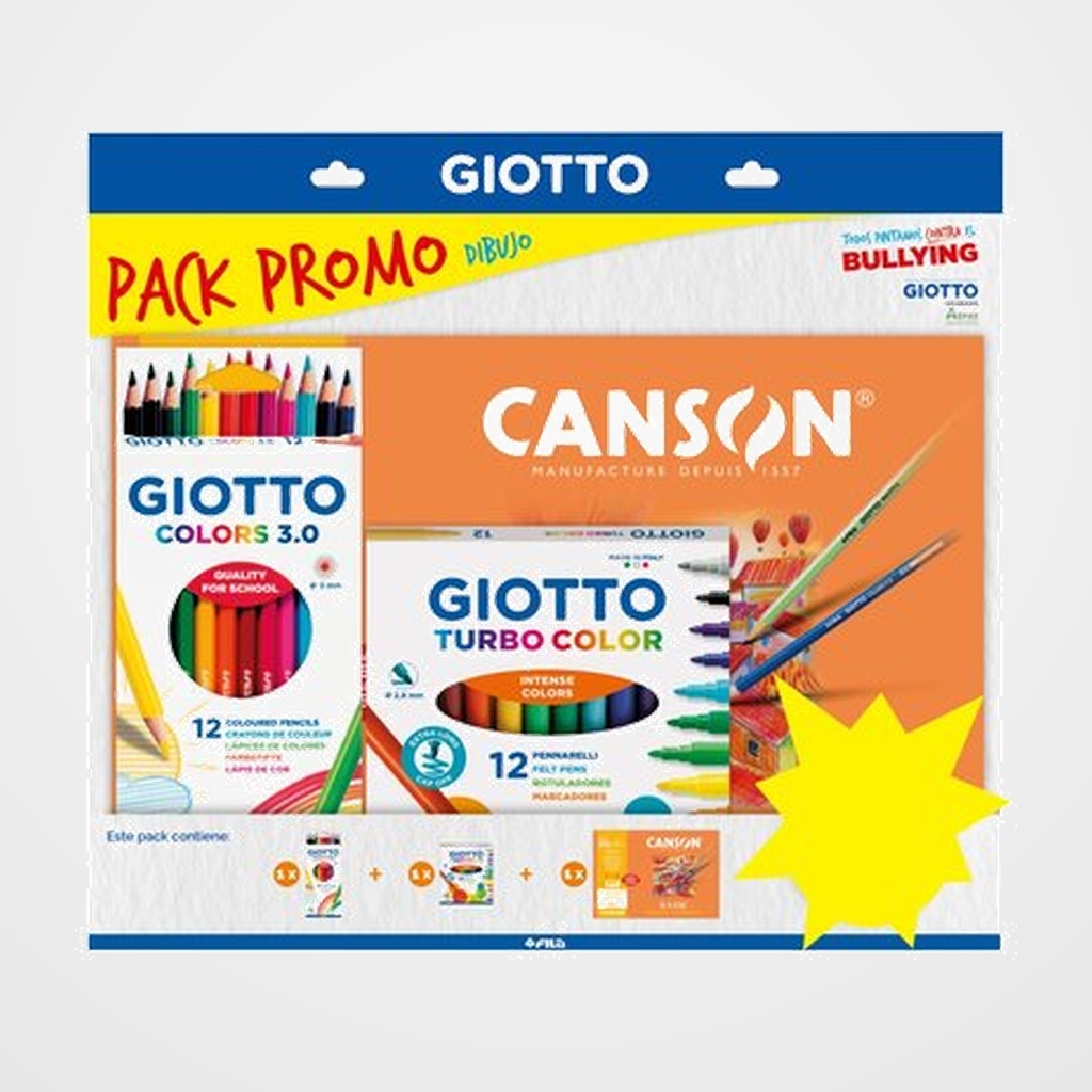 CANSON/GIOTTO PACK PROMO DIBUJO 1x C200406331 MINI-PACK BASIK DIBUJO A4 10h 130g 1x F276600 LAPICES GIOTTO COLORS 3.0 EST.12 1x F416000 ROTULADOR GIOTTO TURBO COLOR EST.12