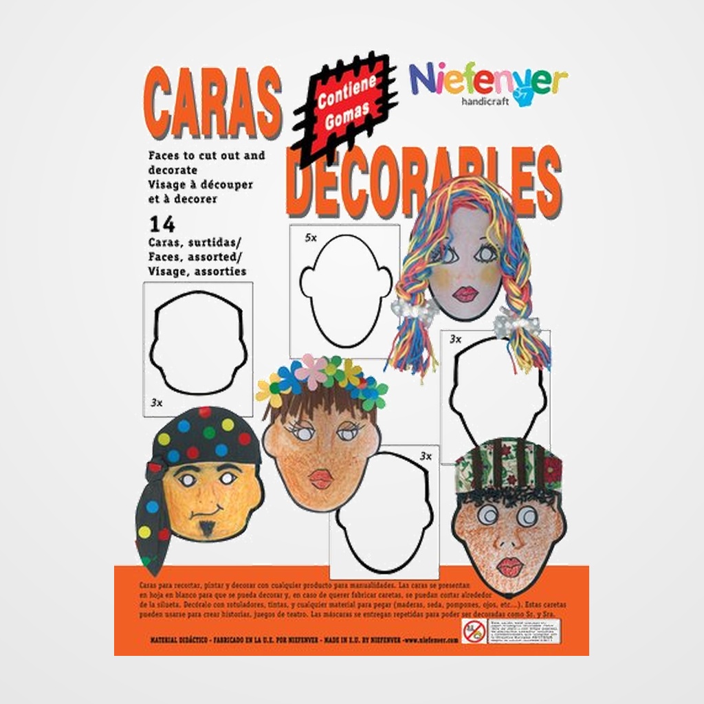 CARETA CARTULINA  para RECORTAR Y DECORAR CARAS NIEFENVER PACK de 14
