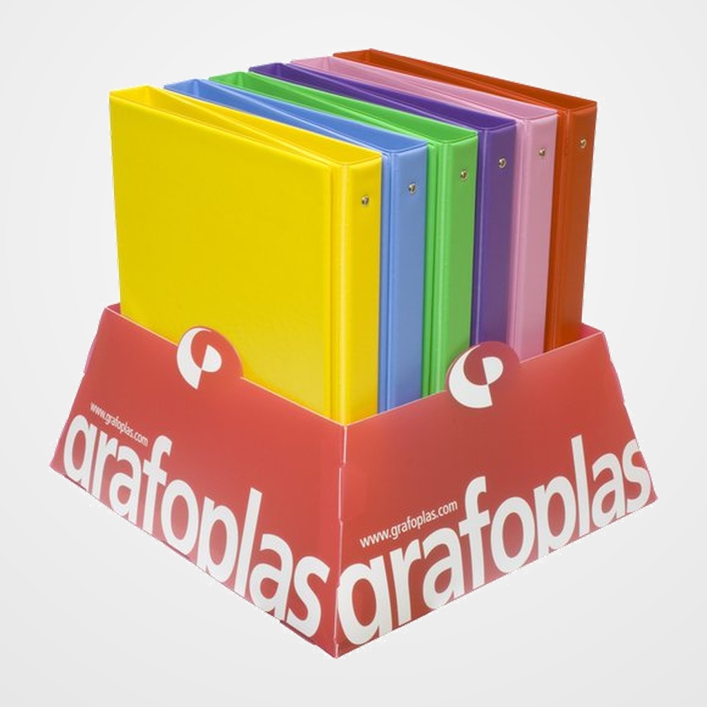 CARPETA de ANILLAS GRAFOPLAS PVC ESCOLAR COLORS Fº 4 an.25mm EXPOSITOR de 12 (6 colores)