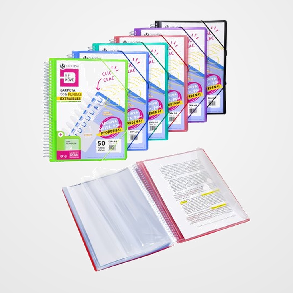 CARPETA FUNDAS (TARIFARIO) CARCHIVO REMOVE ESPIRAL PP A4 CANGURO con GOMA 20 F. EXTRAIBLES VIOLETA
