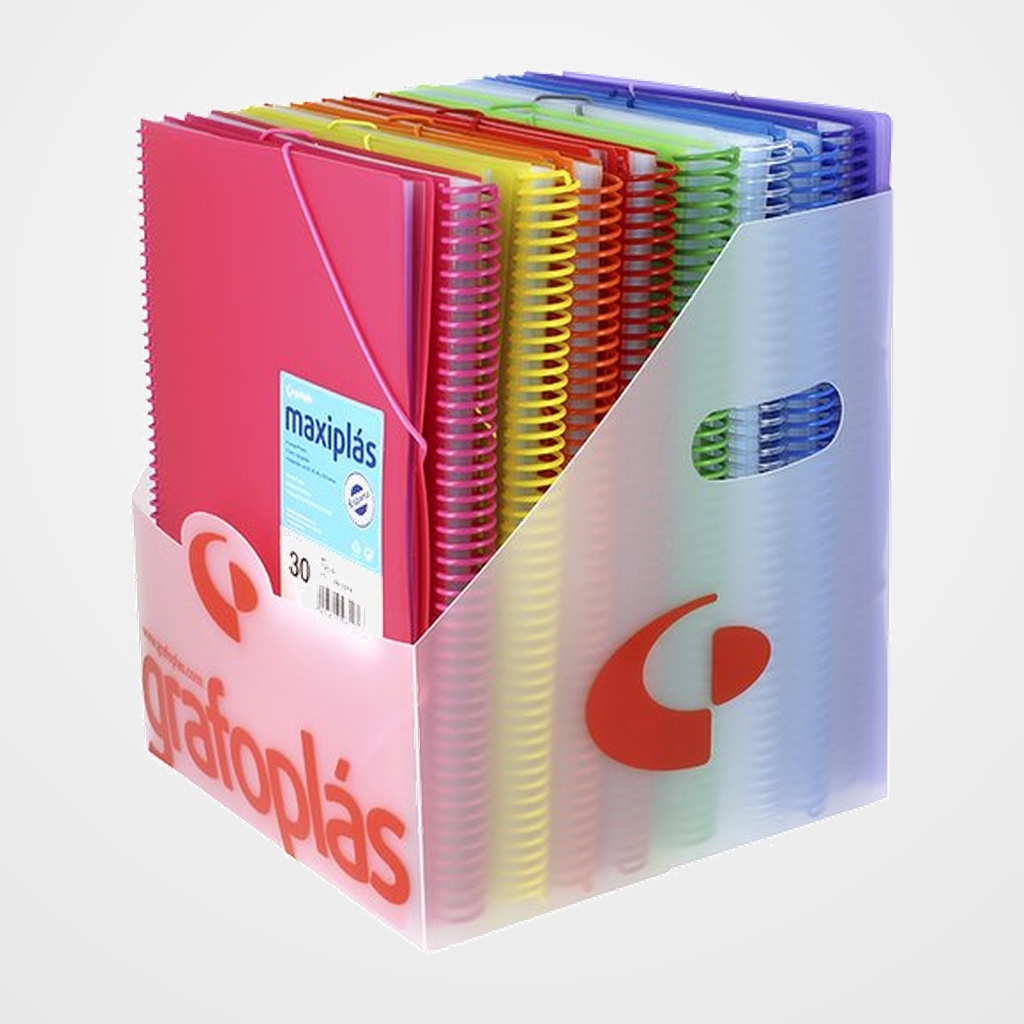 CARPETA FUNDAS (TARIFARIO) GRAFOPLAS ESPIRAL PP RIGIDO MAXIPLAS A4 EXPOSITOR de 16 4 ud. de 20 fundas 4 ud. de 30 fundas 4 ud. de 40 fundas 4 ud. de 50 fundas