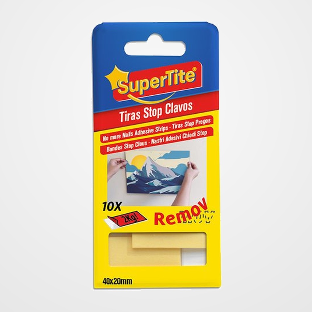 CINTA DOBLE CARA SUPERTITE STOP CLAVOS REMOVIBLE 40x20mm ESTUCHE DE 10