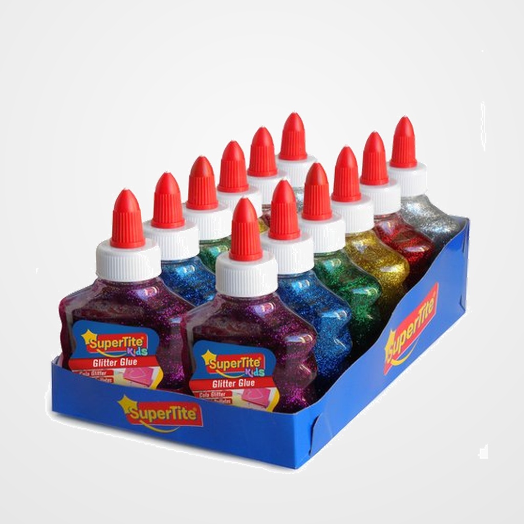COLA GLITTER GLUE SUPERTITE BOTE de 100ml SURTIDO EXPOSITOR de 12