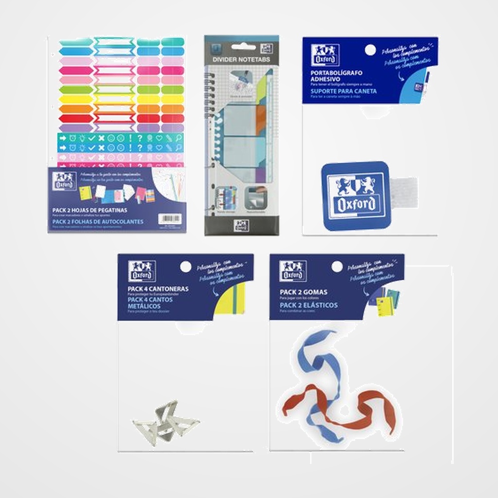 COMPLEMENTO OXFORD EUROPEANBINDER KIT COMPLETO 15x 400163059 PEGATINAS 15x 400163056 GOMAS 15x 400163055 CANTONERA 15x 400014016 REGLA 15x 400163057 PORTA BOLIGRAFO