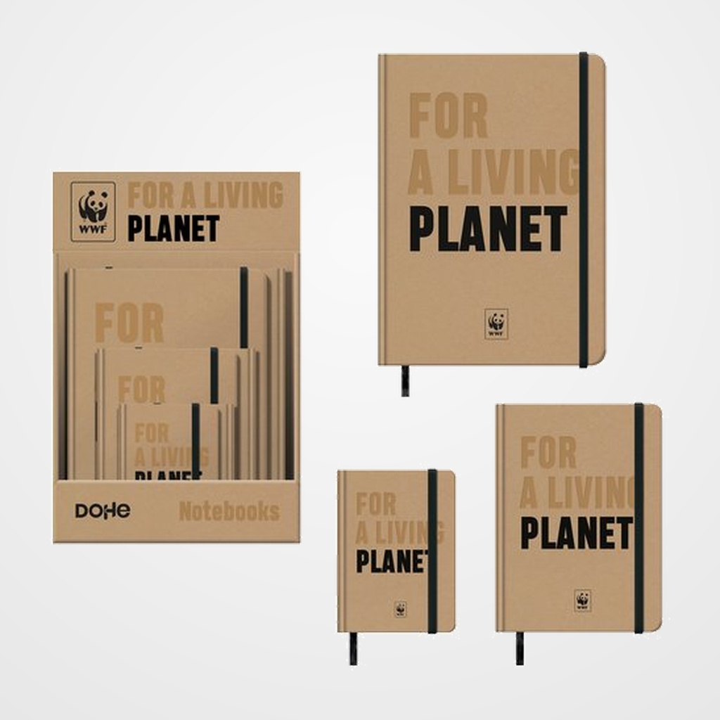 CUADERNO DOHE  FOR A LIVING PLANET   TAPA DURA 96h 80gr. LISO MARRON KRAFT con GOMA NEGRA EXPOSITOR de 12 (4x A4, 4x A5, 4x A6)