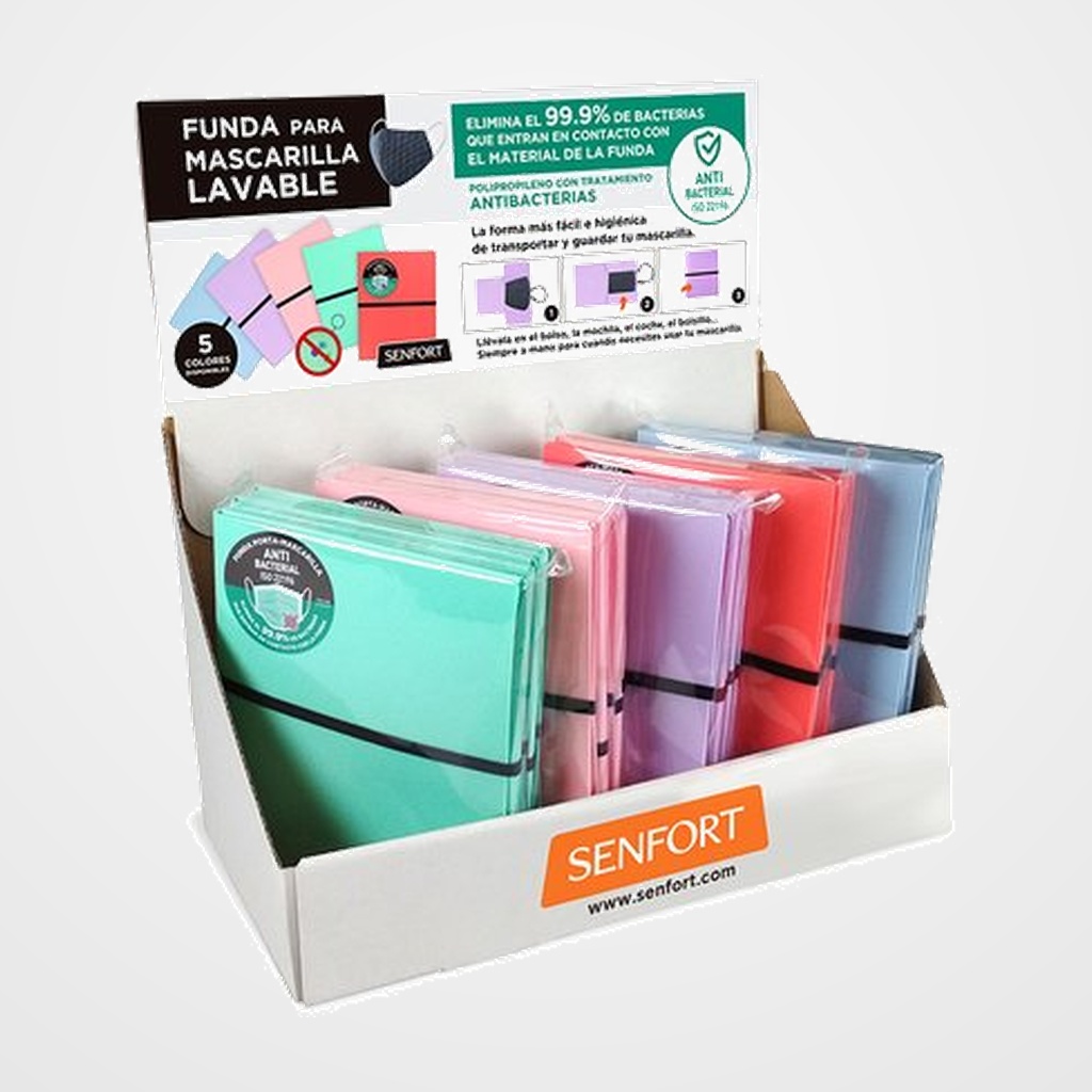 ESTUCHE PORTA MASCARILLA SENFORT ANTIBACTERIANA LAVABLE 120x145 SURTIDO EXPOSITOR de 25