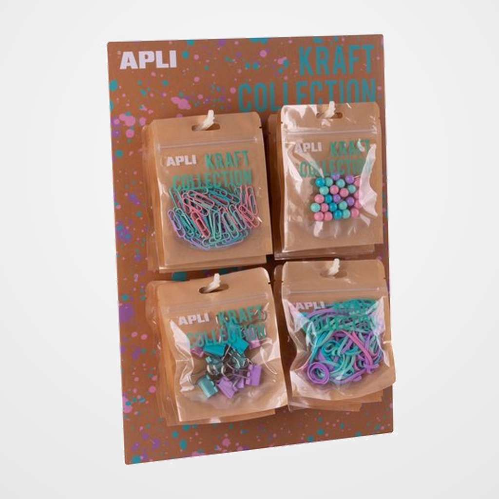 EXPOSITOR APLI OFFICE KRAFT COLLECTION 4x 18918 PINZA 19 mm B/12 4x 18919 CLIPS 28 mm B/80 4x 18920 PUSH PINS B/25 4x 18921 GOMA ELASTICA 30gr