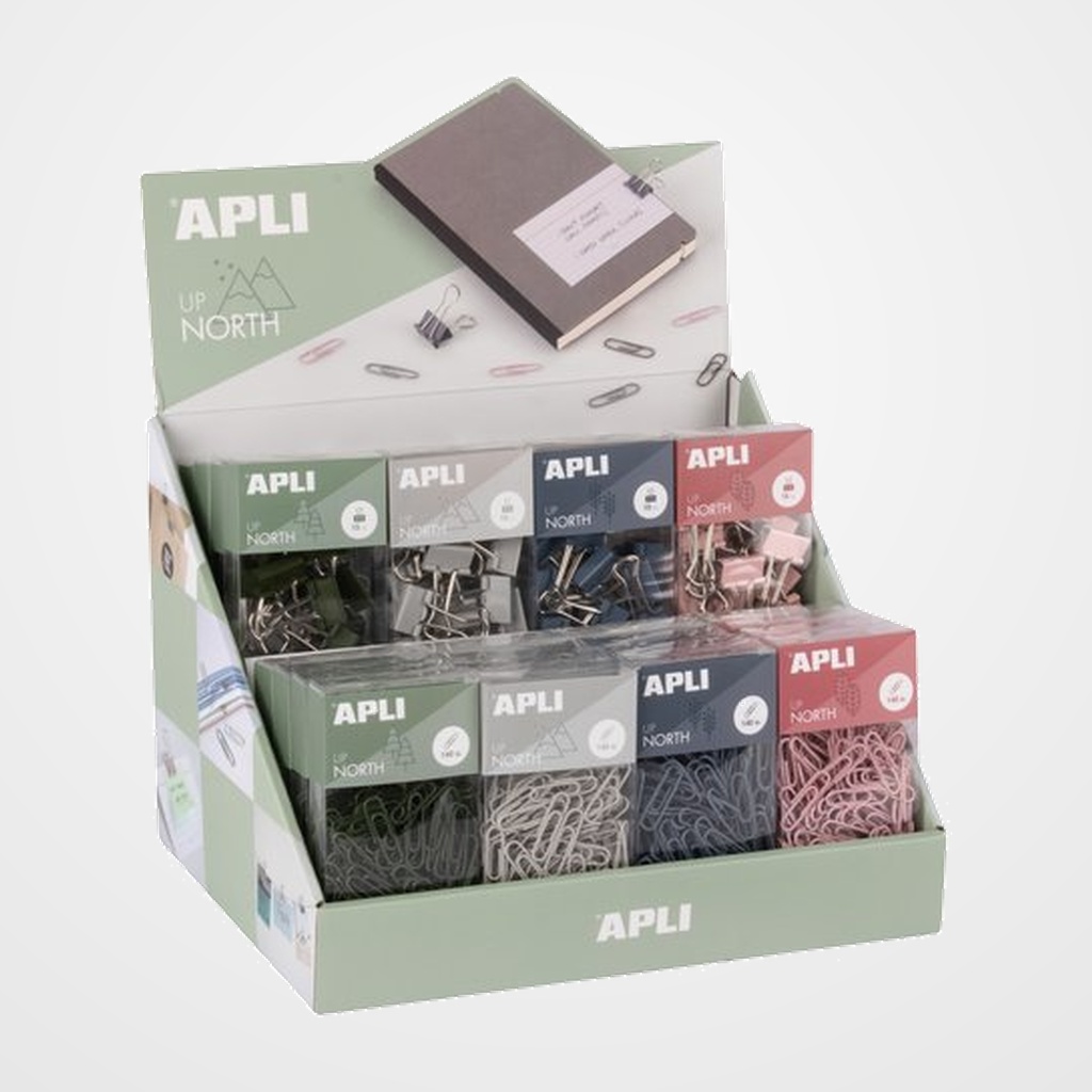 EXPOSITOR APLI OFFICE UP NORTH COLLECTION 16x CLIPS 28mm C/140u (4 col. Surt.) 16x PINZAS DE PALA 19mm C/14u (4 col. Surt.)