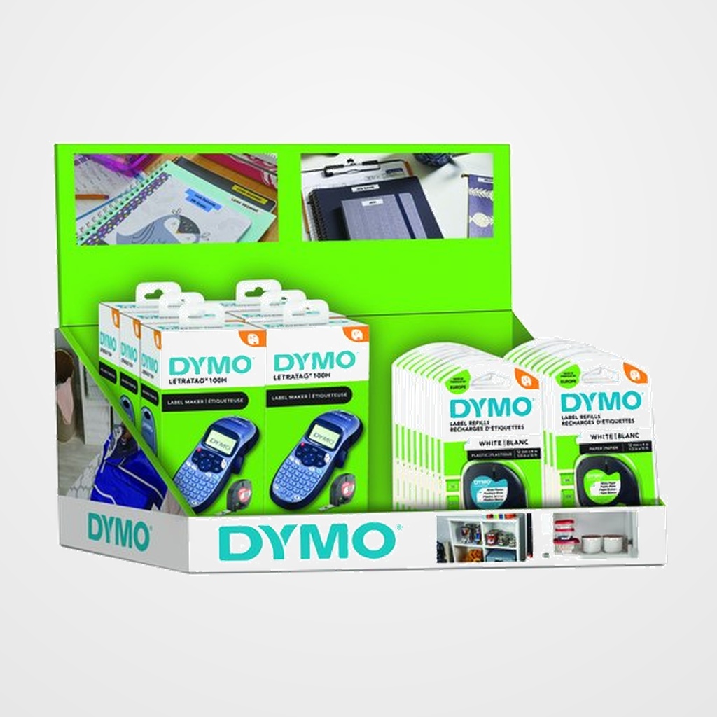 EXPOSITOR DYMO LETRATAG SOBREMESA DE 26 6x 2174576 MAQUINA LT100-H 10x S0721660 CINTA PLASTICO 4m 12mm NEGRO sobre BLANCO 10x S0721510 CINTA PAPEL 4m 12mm NEGRO sobre BLANCO