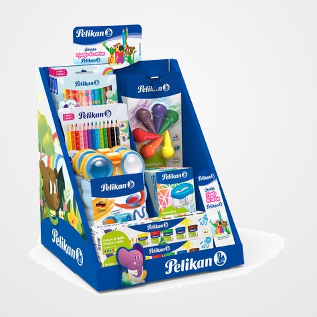EXPOSITOR HOBBIES PELIKAN SURTIDO DE 14 3x 400191299 ROT. COMBINO JUMBO C/9 2x 400191320 LAP. COL. JUMBO TRIANGULARES C/12 2x 100401612 ACUARELAS KIDS 8 COL. 2x 100435937 RECIPIENTE AGUA 3x 100435920 CERA RATON C/6 2x 100435939 PINTURA DEDOS 40 ML. C/5