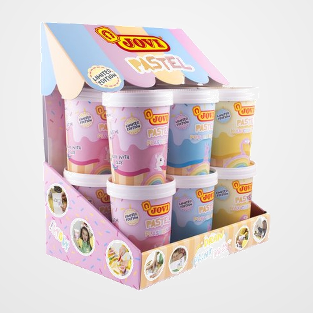 EXPOSITOR JOVI PASTEL SURTIDO 12 UNIDADES 4x WAX CRAYONS (6 ceras, sacapuntas, goma, mantel y cuaderno actividades) 4x PLASTILINA (7 barras plastilina, 2 moldes, mantel y cuaderno actividades) 4x POSTER PAINT (7 temperas, pincel, mantel y cuaderno actividades)