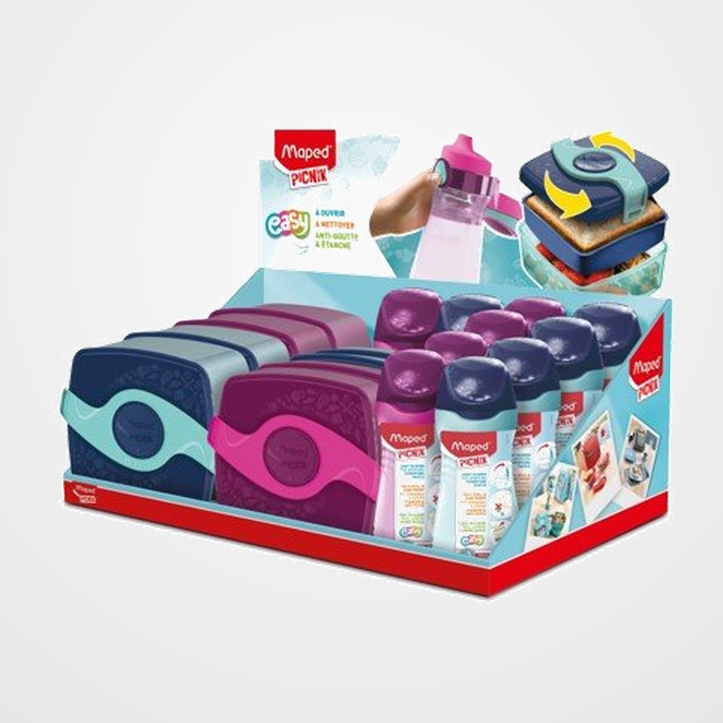 EXPOSITOR MAPED PICNIK VARIADO-A SURTIDO DE 16 2x 870304 ORIGINS TUPPER SNACK PICNIK AZUL 2x 870303 ORIGINS TUPPER SNACK PICNIK ROJO 2x 871504 ORIGINS BOTELLA PICNIK 430ML AZUL-VERD 2x 871503 ORIGINS BOTELLA PICNIK 430ML ROJA 4x 870503 CONCEPT LONCHERA PICNIK ADULT VIDRIO AZU 4x 871903 CONCEPT VASO TERMICO ADULTO STORM BLUE