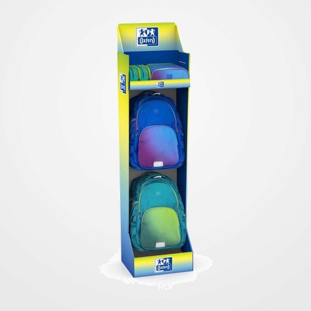 EXPOSITOR OXFORD GRADIENT MOCHILAS Y PORTATODOS SURTIDO de 10 1 x 400208161 Contenido expositor (400204120 x 2, 400204121 x 2, 400204527 x 3 y 400204322 x 3) 1 x 400196573 (Carton expositor vacío)