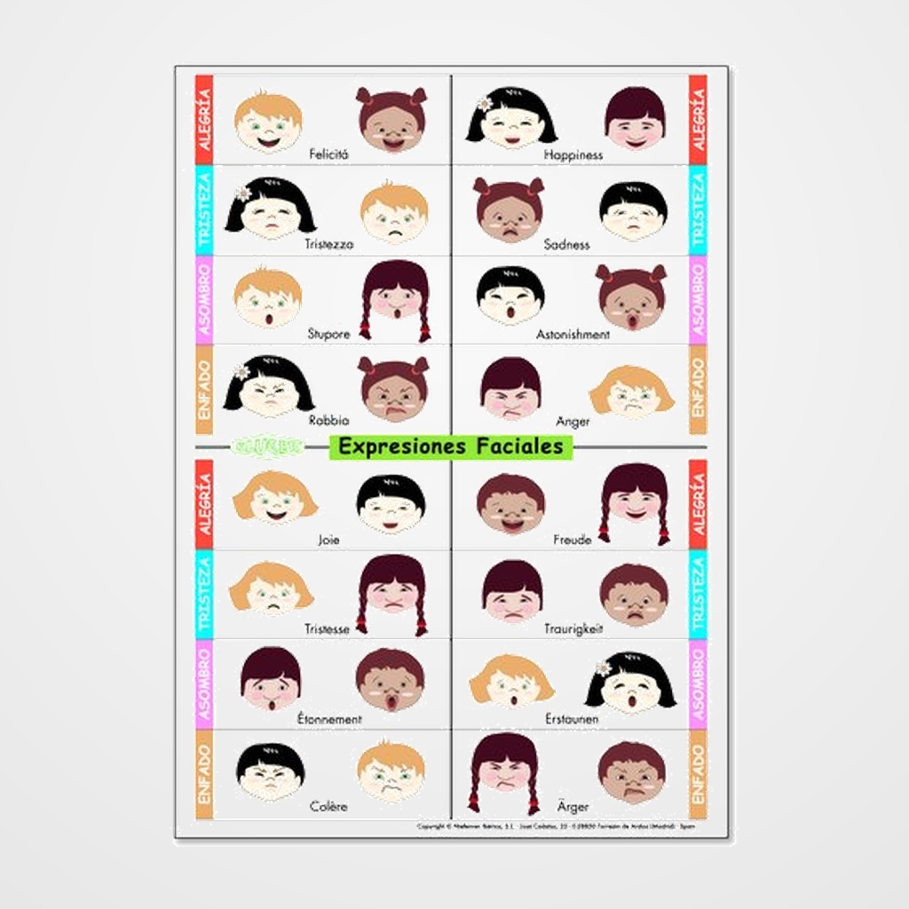 FICHAS  KLUGER EXPRESIONES FACIALES en varios idiomas PACK DE 5