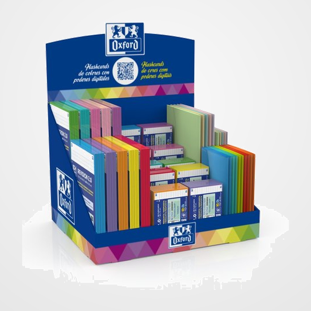 FICHAS OXFORD FLASH 2.0 EXPOSITOR de 80 PACKS 20x FLASHCARDS A5 40x FLASHCARDS A7 5x SOBRES A5 VIVOS 5x SOBRES A7 PASTEL 10x SOBRES A7 VIVOS
