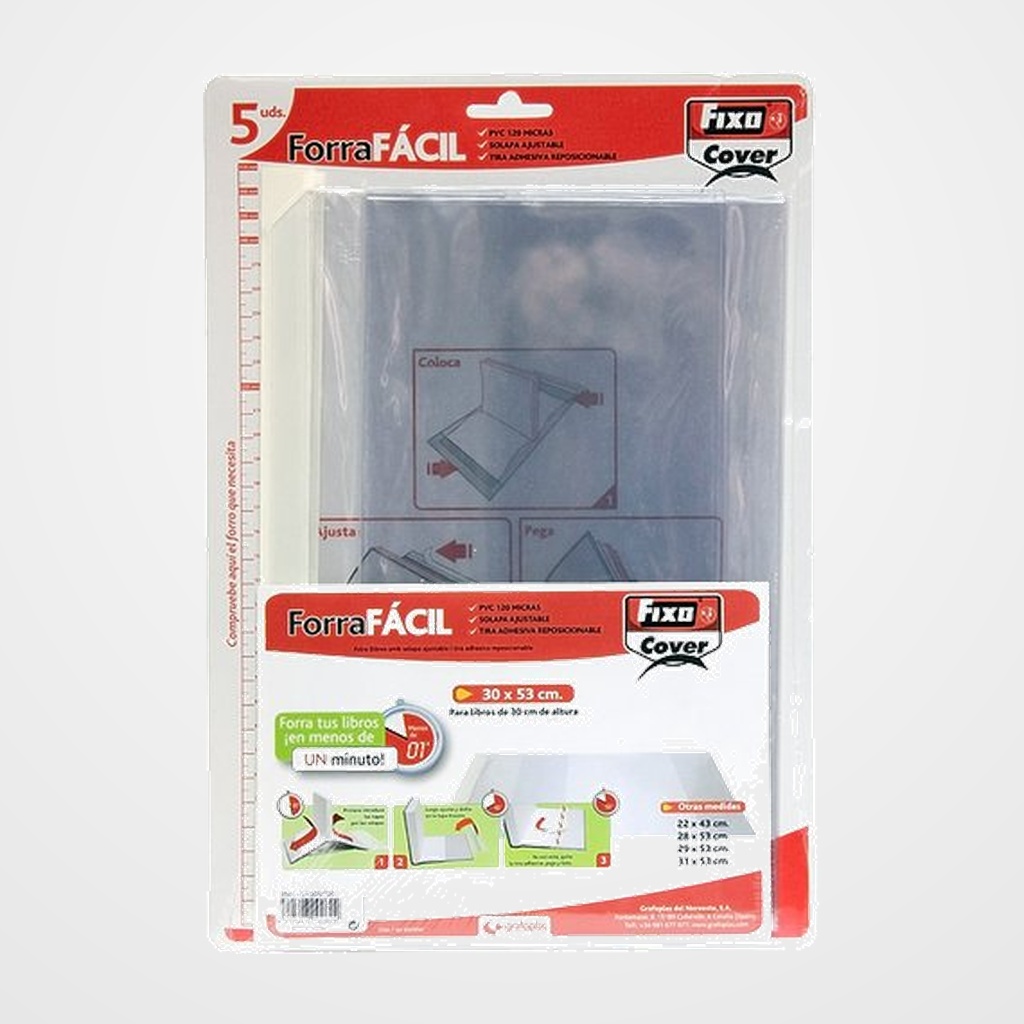 FORRO AJUSTABLE FIXO PVC TRANS.120µ 28 x 53 cm PACK de 5
