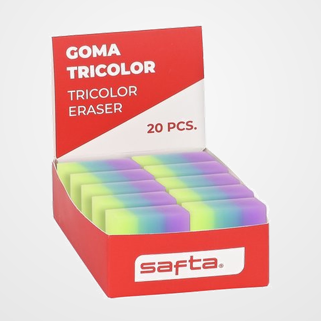 GOMA de BORRAR SAFTA PVC TRICOLOR EXPOSITOR de 20