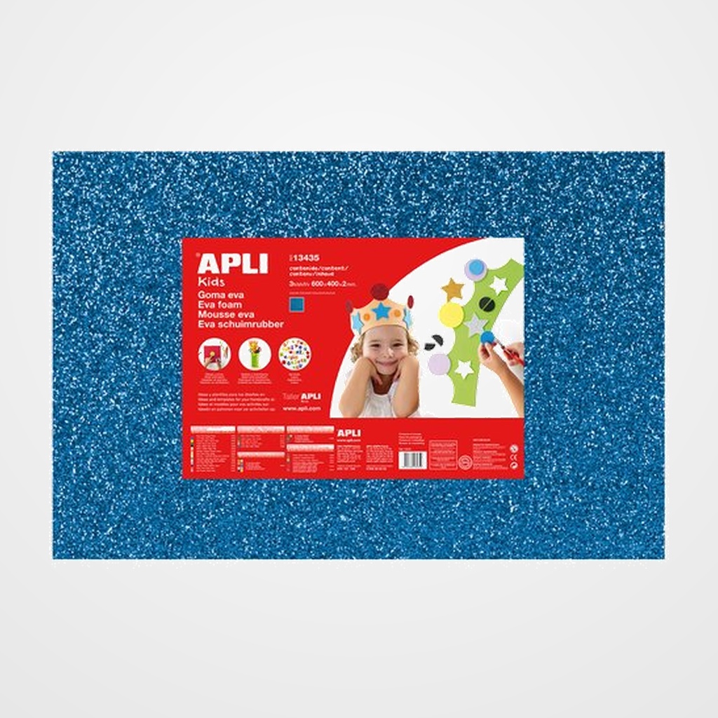 GOMA EVA APLI HOJA 40x60 cm PURPURINA AZUL PAQUETE de 3