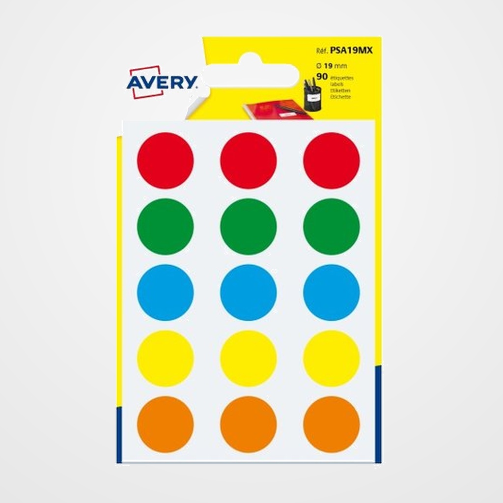 GOMETS AVERY  BOLSA 6h REDONDOS Ø 19 mm col. SURTIDOS 90 uds.