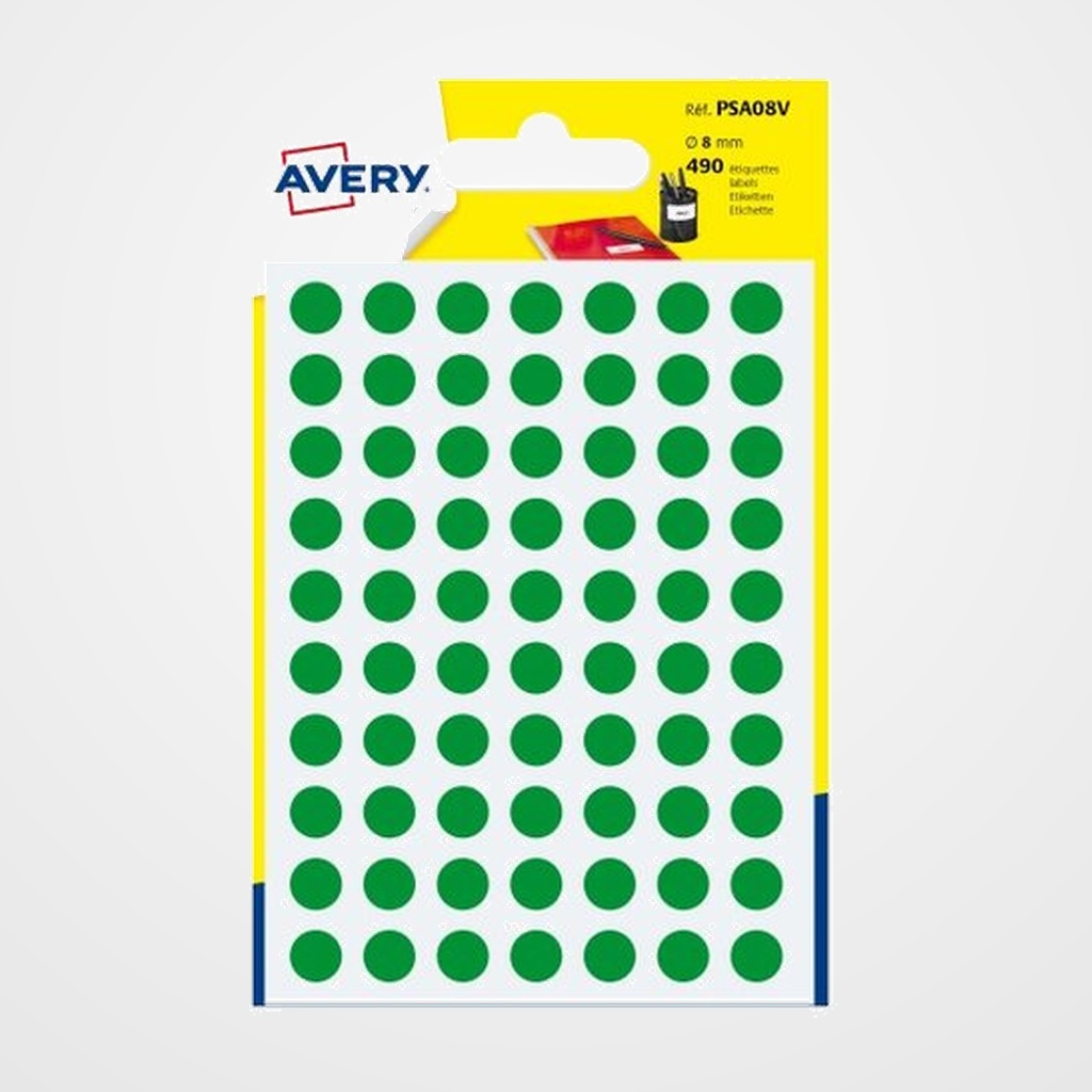 GOMETS AVERY  BOLSA 7h REDONDOS Ø 8 mm col. VERDES 490 uds.