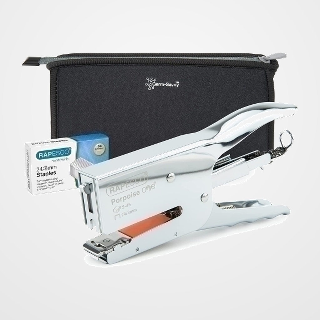 GRAPADORA TENAZA RAPESCO PORPOISE ONE (45h) (incluye 1000 grapas 24/8mm) CROMADA con BOLSA