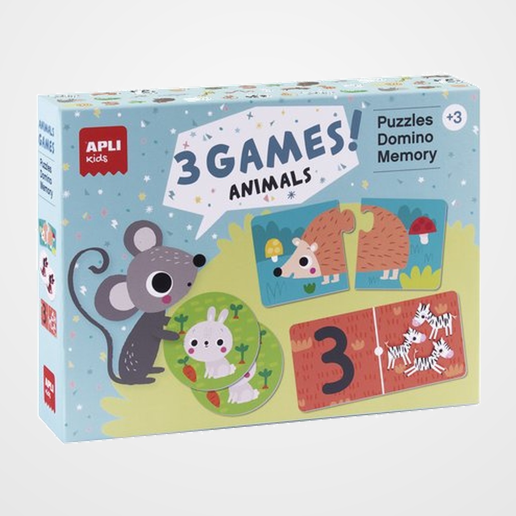 JUEGO EDUCATIVO APLI KIDS PUZLE, DOMINO Y MEMORY (3 EN 1) ANIMALES
