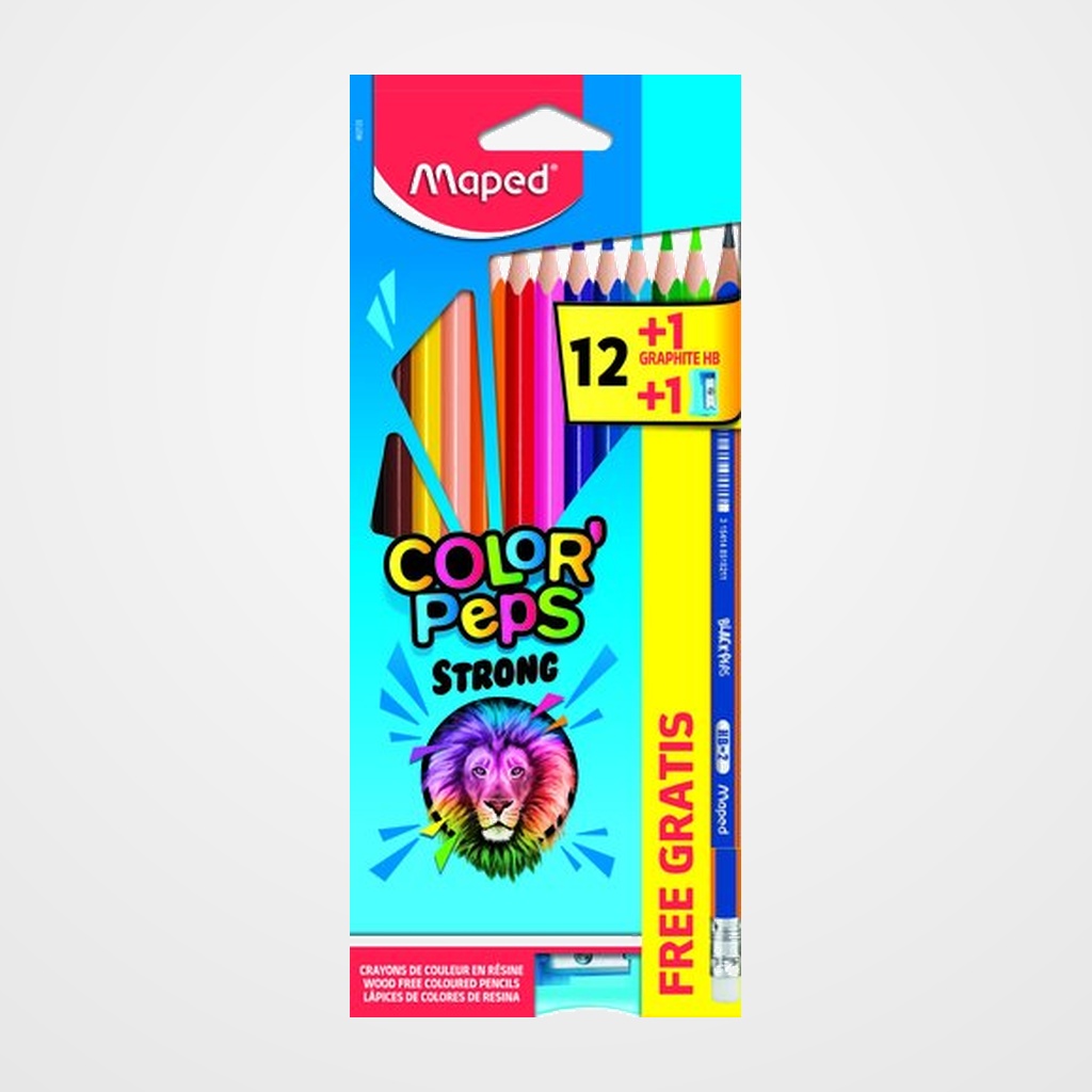 LAPICES de COLORES MAPED COLOR PEPS STRONG estuche de 12 (regalo lapiz de grafito y afila)