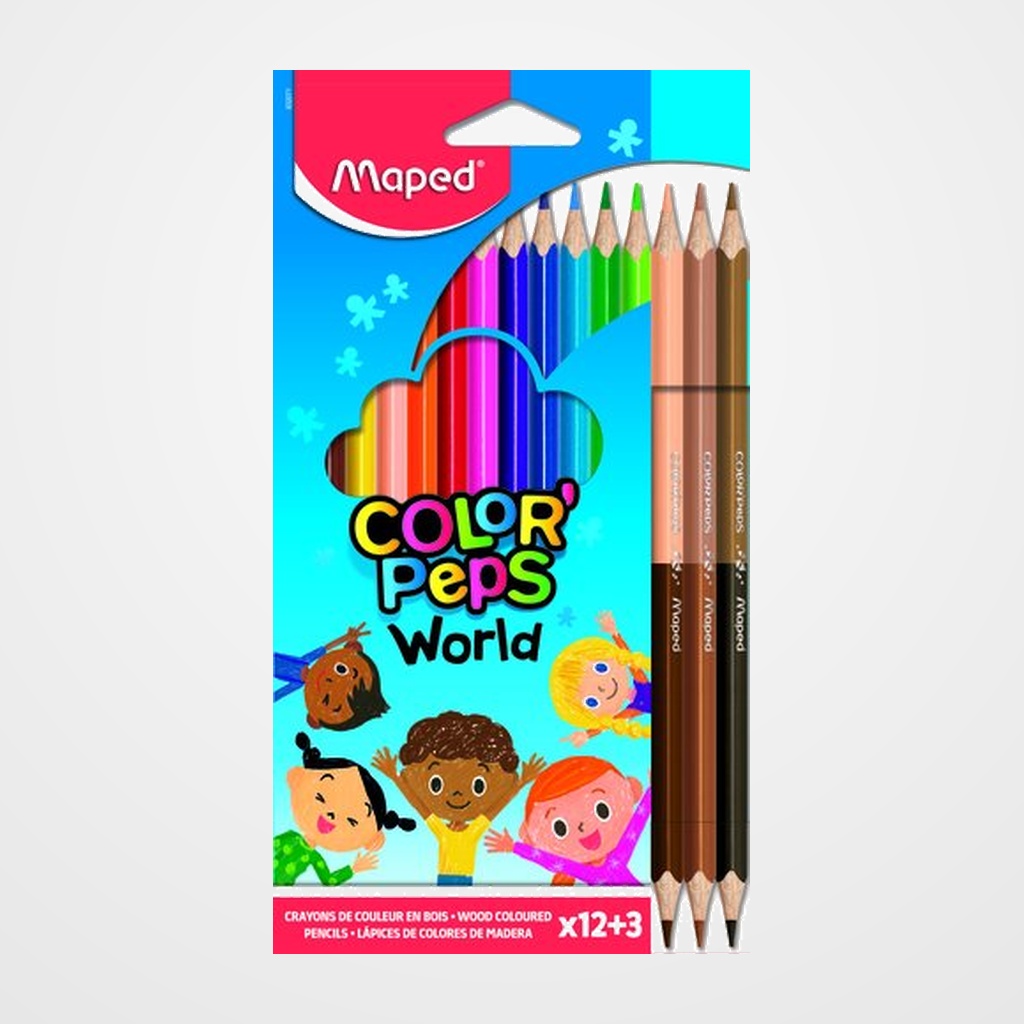 LAPICES de COLORES MAPED COLOR PEPS WORLD estuche de 12 (Regalo 3 Duo tonos piel)