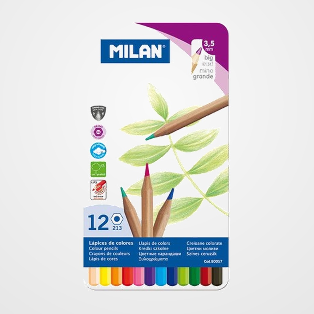 LAPICES de COLORES MILAN HEXAGONAL MINA GRUESA 3,5 mm CAJA METALICA DE 12