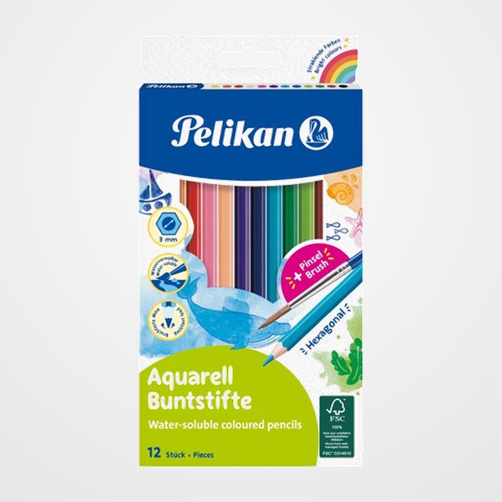 LAPICES de COLORES PELIKAN AQUARELL HEXAGONAL + PINCEL estuche de 12 (700672)