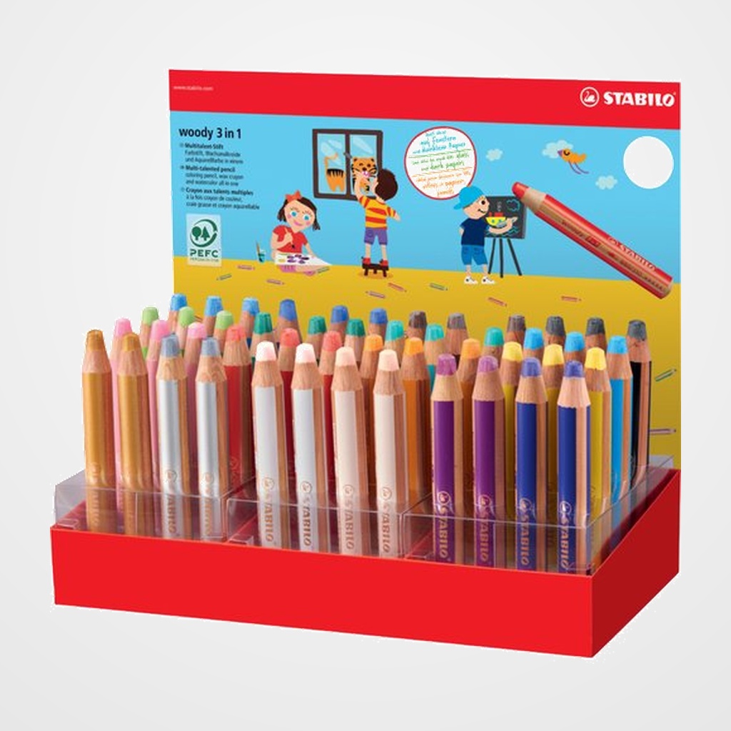 LAPICES de COLORES STABILO WOODY 3 en 1 EXPOSITOR de 48