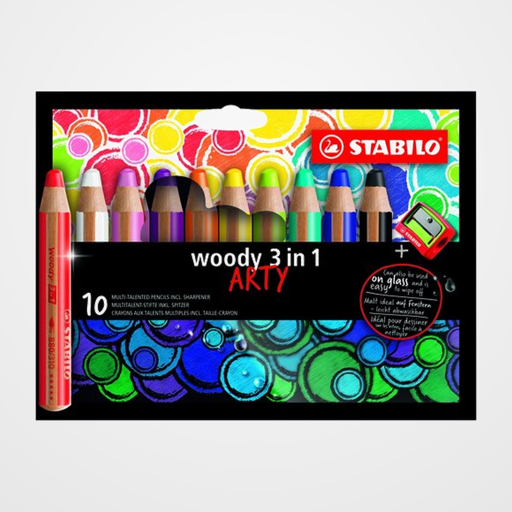 LAPICES de COLORES STABILO WOODY 880 3 en 1 ARTY LINE ESTUCHE de 10 (incluye sacapuntas)