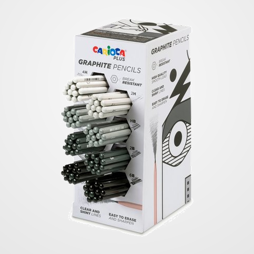 LAPIZ de GRAFITO CARIOCA PLUS EXPOSITOR de 96 (12 x 6B, 4B, 2B, B, HB, H, 2H, 4H)