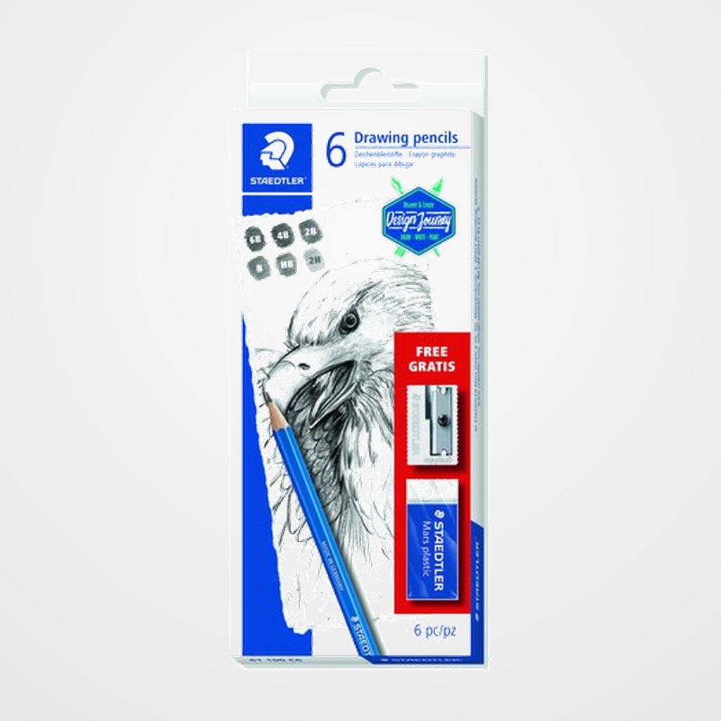 LAPIZ de GRAFITO STAEDTLER 100 LUMOGRAPH DESIGN JOURNEY caja de 6 (2H, HB, B, 2B, 4B, 6B, goma peq. 526 35, afila 510 10)