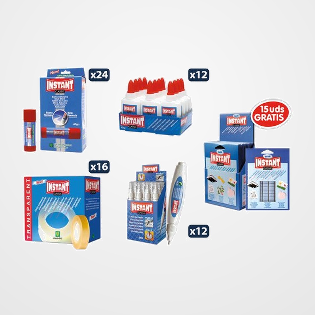 LOTE ADHESIVOS INSTANT IMPRESCINDIBLES SURTIDO DE 79 24x 12311 BARRA PEGAMENTO CLASSIC 20g MEDIANA 12x 20711 COLA BLANCA ECO 100g 16x 61201 CINTA ADHESIVA TRANSPARENTE rollo 33x19 12x 90811 CORRECTOR LIQUIDO BOLIGRAFO 9 ml 15x 25101 MASILLA ADHESIVA REMOVIBLE 50g REGALO SIN GARGO