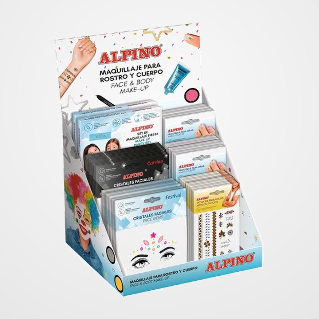 MAQUILLAJE ALPINO GAMA SUMMER SURTIDO EXPOSITOR DE 68  6x DL000630 SET CRISTALES FACIALES PRINCESS  6x DL000631 SET CRISTALES FACIALES FESTIVAL  6x DL000632 SET CRISTALES FACIALES CATRINA 18x DL000650 LAMINA METALLIC TATTOO 30x DL000640 LAMINA NAILS STICKERS  2x DL000660 KIT MAQUILLAJE GLOW UP