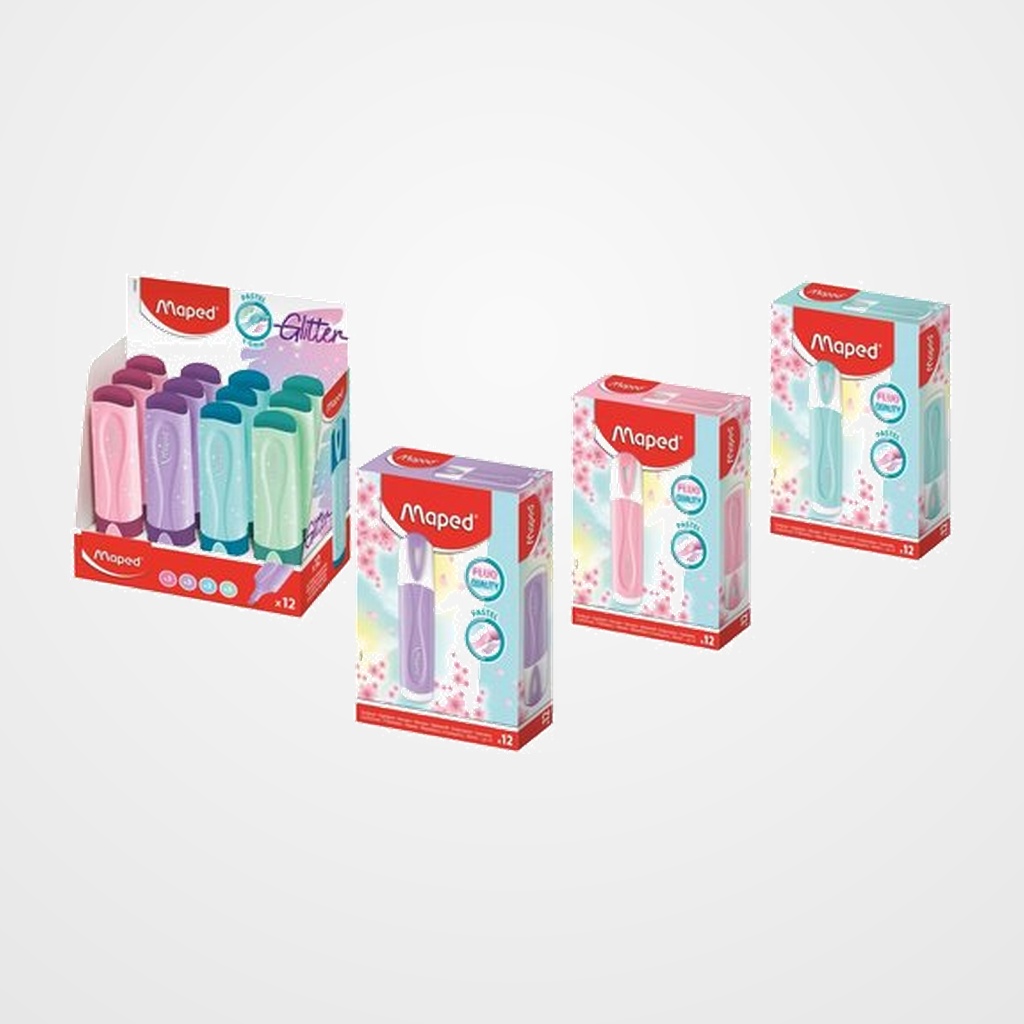 MARCADOR FLUOR MAPED FLUO PEPS CLASSIC PASTEL SURTIDO EXPOSITOR DE 48 12x 742570 PASTEL AZUL 12x 742571 PASTEL VIOLETA 12x 742576 PASTEL ROSA 12x 742038 GLITTER