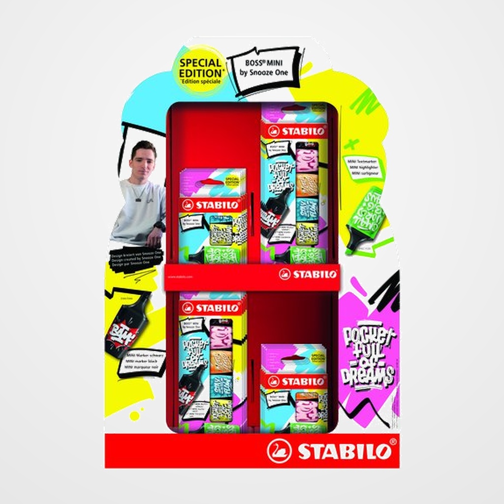 MARCADOR FLUOR STABILO BOSS MINI 07 BY SOOZE ONE EXPOSITOR DE 16 4x 07/03-61 EST.3 (verde, azul, amarillo) 4x 07/03-71 EST.3 (verde, rosa, naranja) 8x 07/06-30 EST.6