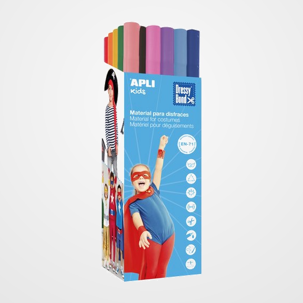 MATERIAL PARA DISFRACES EXPOSITOR DE 29 BOBINAS DE 0.8X 3M  COLORES SURTIDOS