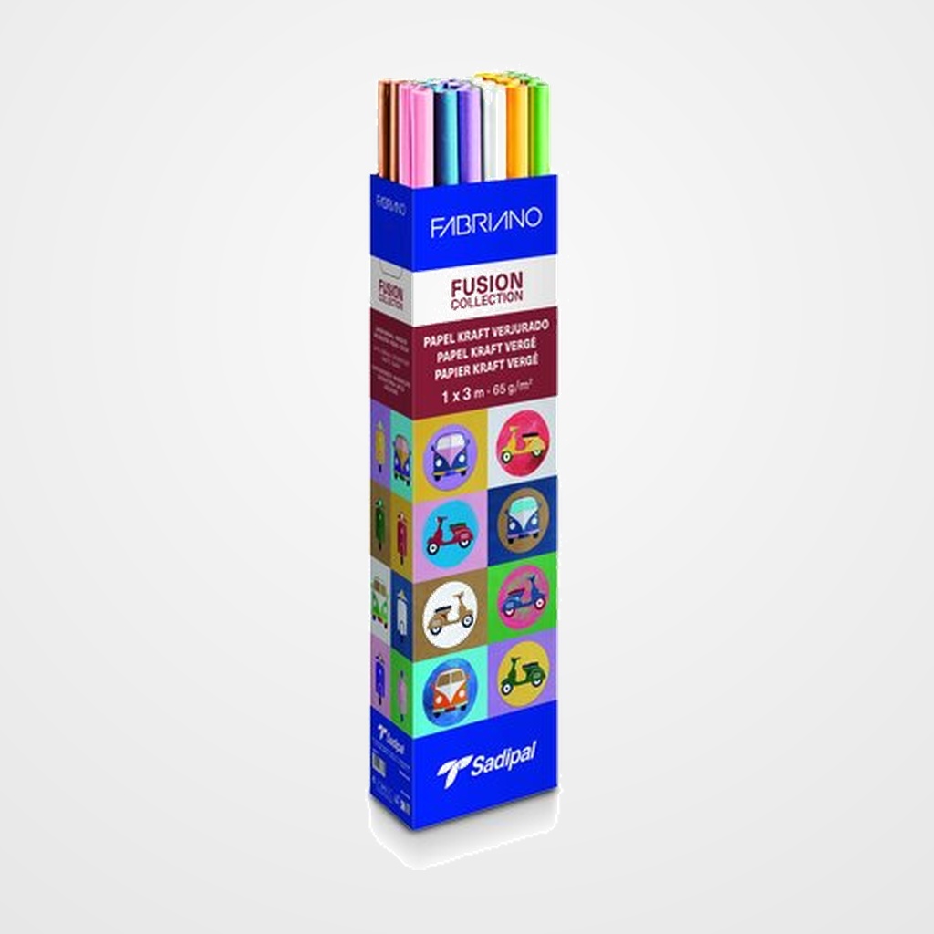 PAPEL de EMBALAR KRAFT ROLLO SADIPAL FUSION  1x3m EXPOSITOR de 30 (3 rollos x kraft y blanco, 4 rollos x amarillo, lila, rosa, turquesa, verde y azul)