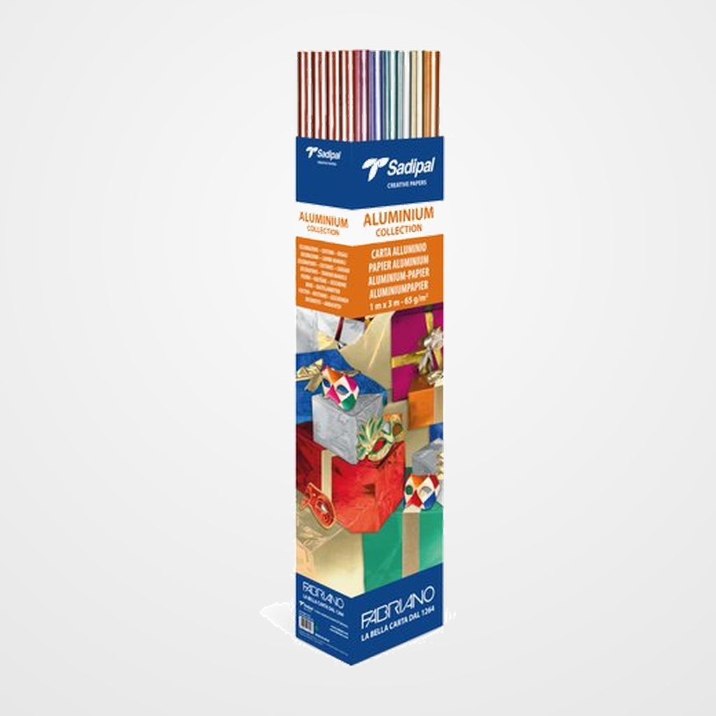 PAPEL METALIZADO SADIPAL ROLLO 1x3 m 65gr EXPOSITOR de 25 ROLLOS (5xOro / 5xPlata / 3  x Rojo-Fucsia-Azul-Verde-Cobre)