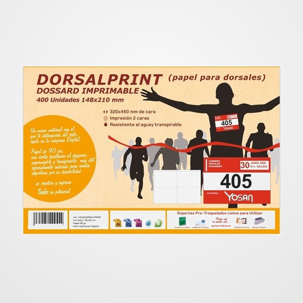 PAPEL YOSAN IMPRESION DORSALES 90gr 32x45 (4 dorsales por hoja)