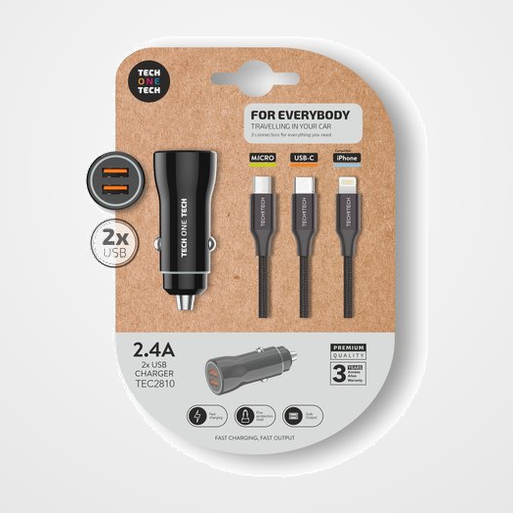 CARGADOR TECH-ONE-TECH DOBLE MECHERO COCHE 2xUSB NEGRO + CABLE TRIPLE (MICRO-USB. LIGHTNING, USB-C)