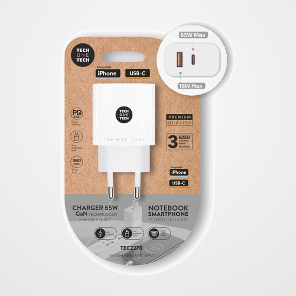 CARGADOR TECH-ONE-TECH DOBLE PARED BLANCO USB + USB-C ALTO RENDIMIENTO 65W
