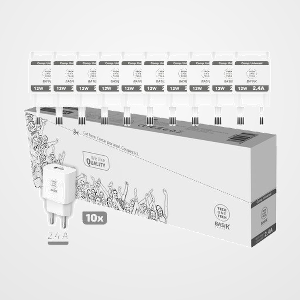 CARGADOR TECH-ONE-TECH PARED BLANCO USB-A 2,4A PACK DE 10