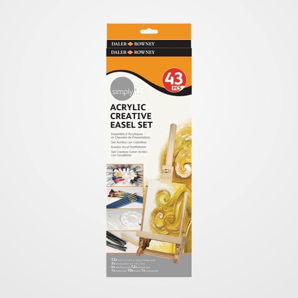 PINTURA ACRILICA DALER ROWNEY 12 ml EASEL SET 12x TUBOS 12ml 3x PANELES LIENZO 4x LAPICES BOCETOS 12x CARBONCILLO 1x CABALLETE 10x PINCELES 1x PALETA