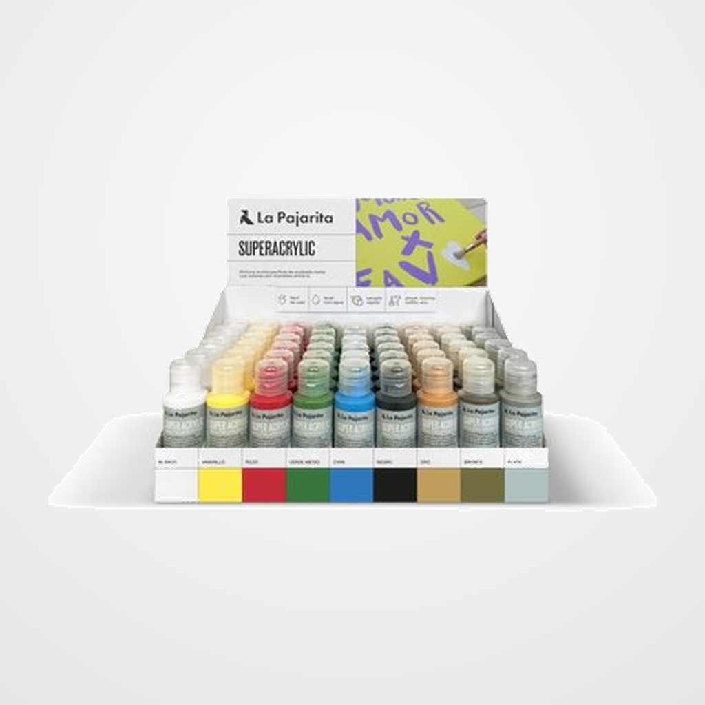 PINTURA ACRILICA LA PAJARITA 60 ml (bote) SURTIDO EXPOSITOR DE 54