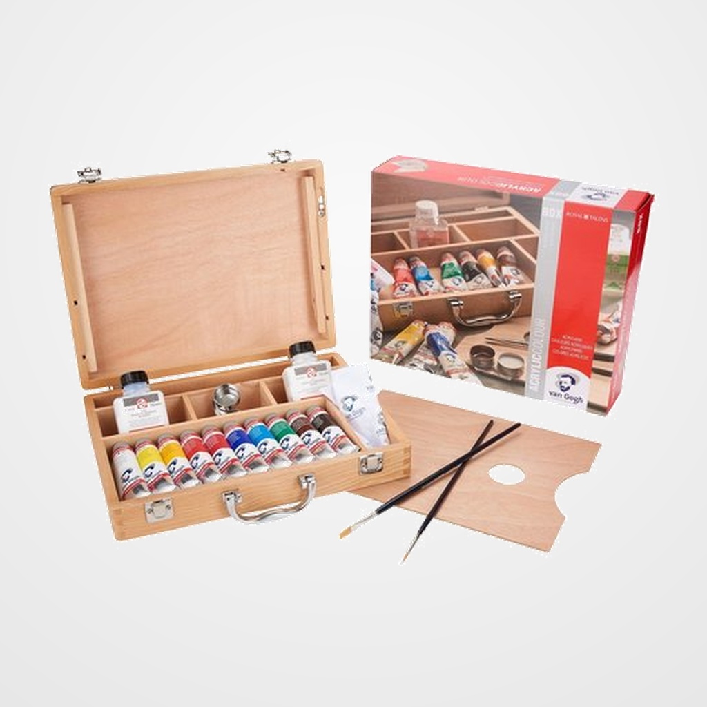 PINTURA ACRILICA VAN GOGH BASICO 40 ml (tubo) CAJA de MADERA de 10 +  ACCESORIOS