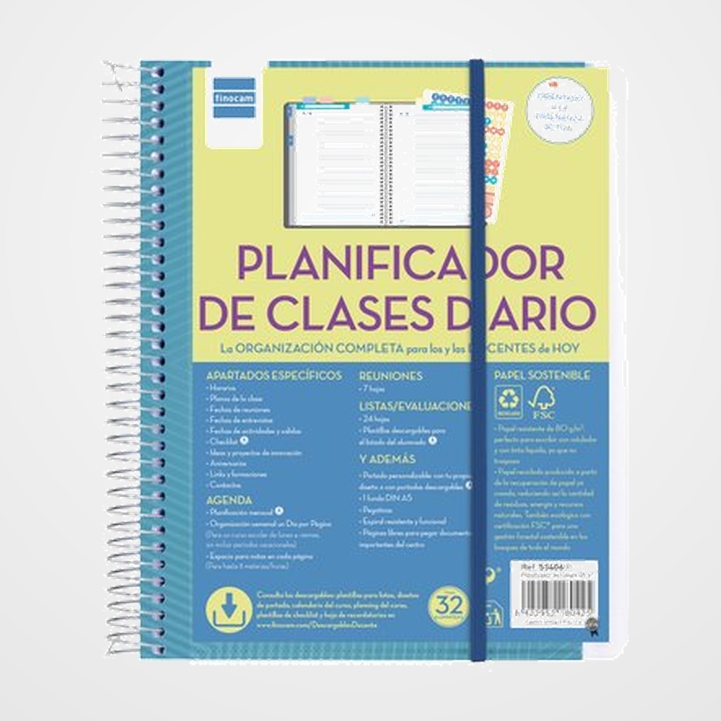 PLANIFICADOR DE CLASES FINOCAM DEL DOCENTE ESPIRAL tapa PP D/P 4º 155x212 CON GOMA NO FECHADO